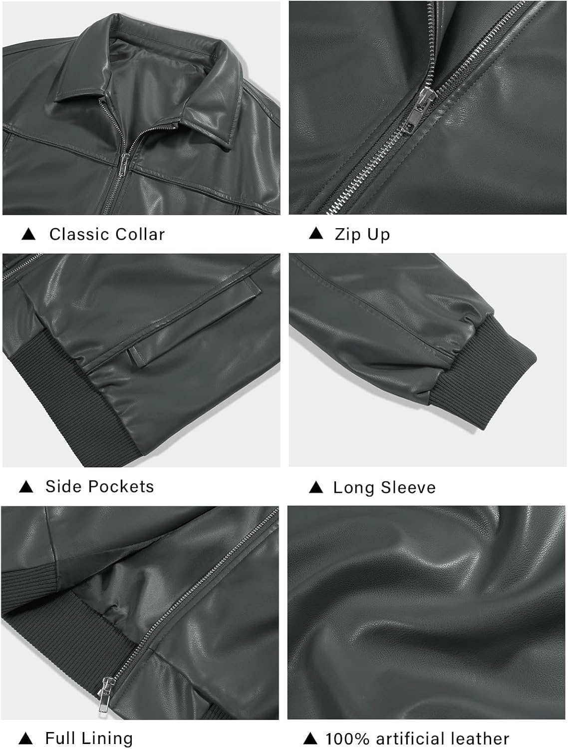 image:imageTankaneo Womens Faux Leather Jacket Oversized Bomber Zip Motor Biker Coat Going Out Outfit Fashion Trendy Jacket Casual Long Sleeve Loose Fit Fall WinterGrey Green