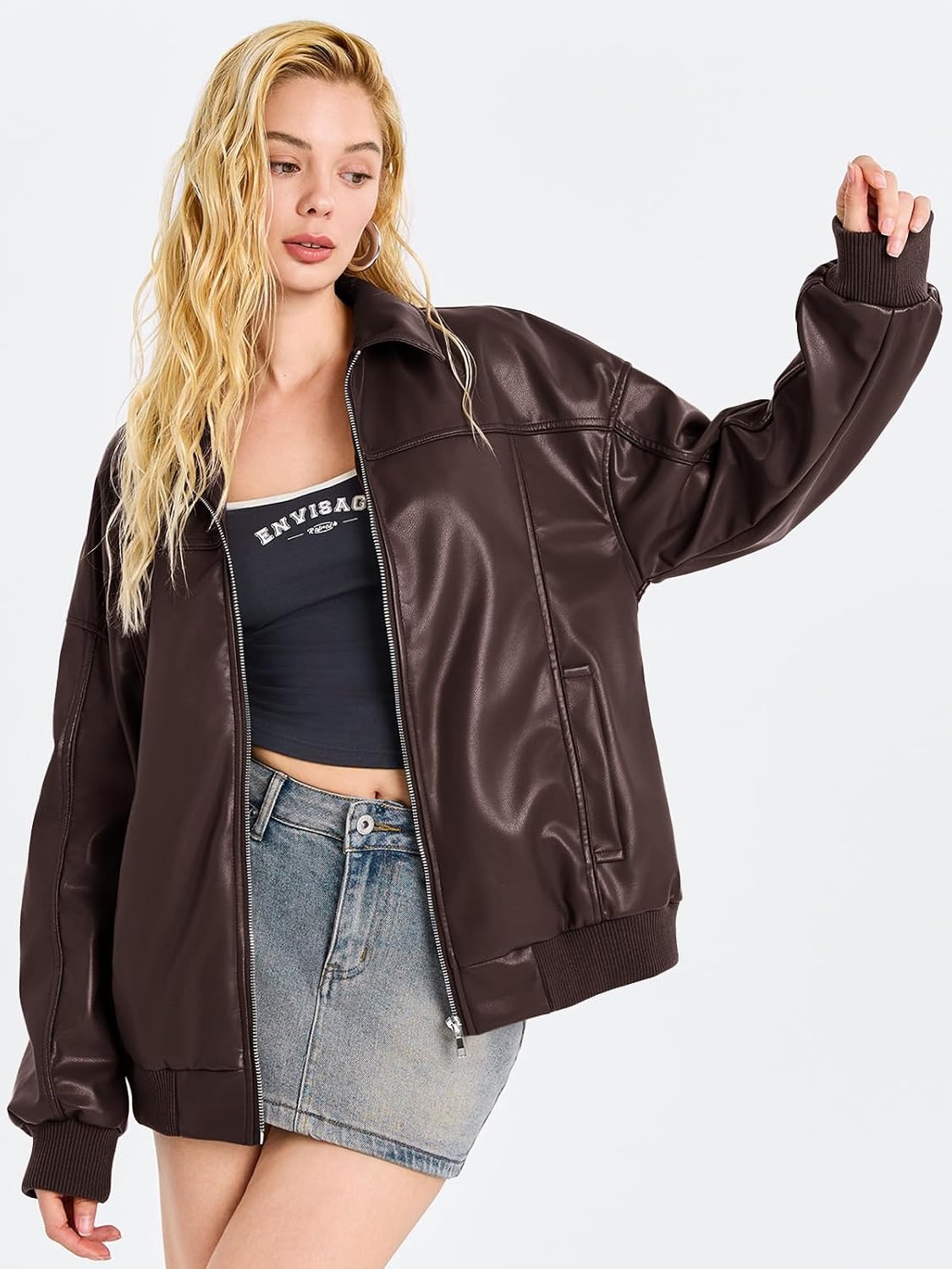 image:imageTankaneo Womens Faux Leather Jacket Oversized Bomber Zip Motor Biker Coat Going Out Outfit Fashion Trendy Jacket Casual Long Sleeve Loose Fit Fall WinterChocolate