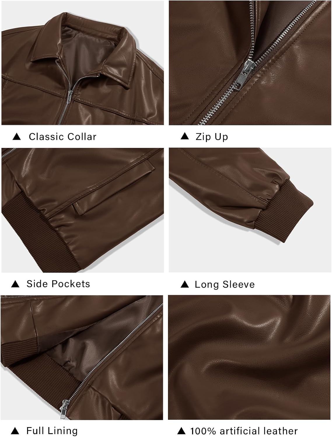image:imageTankaneo Womens Faux Leather Jacket Oversized Bomber Zip Motor Biker Coat Going Out Outfit Fashion Trendy Jacket Casual Long Sleeve Loose Fit Fall WinterDark Brown