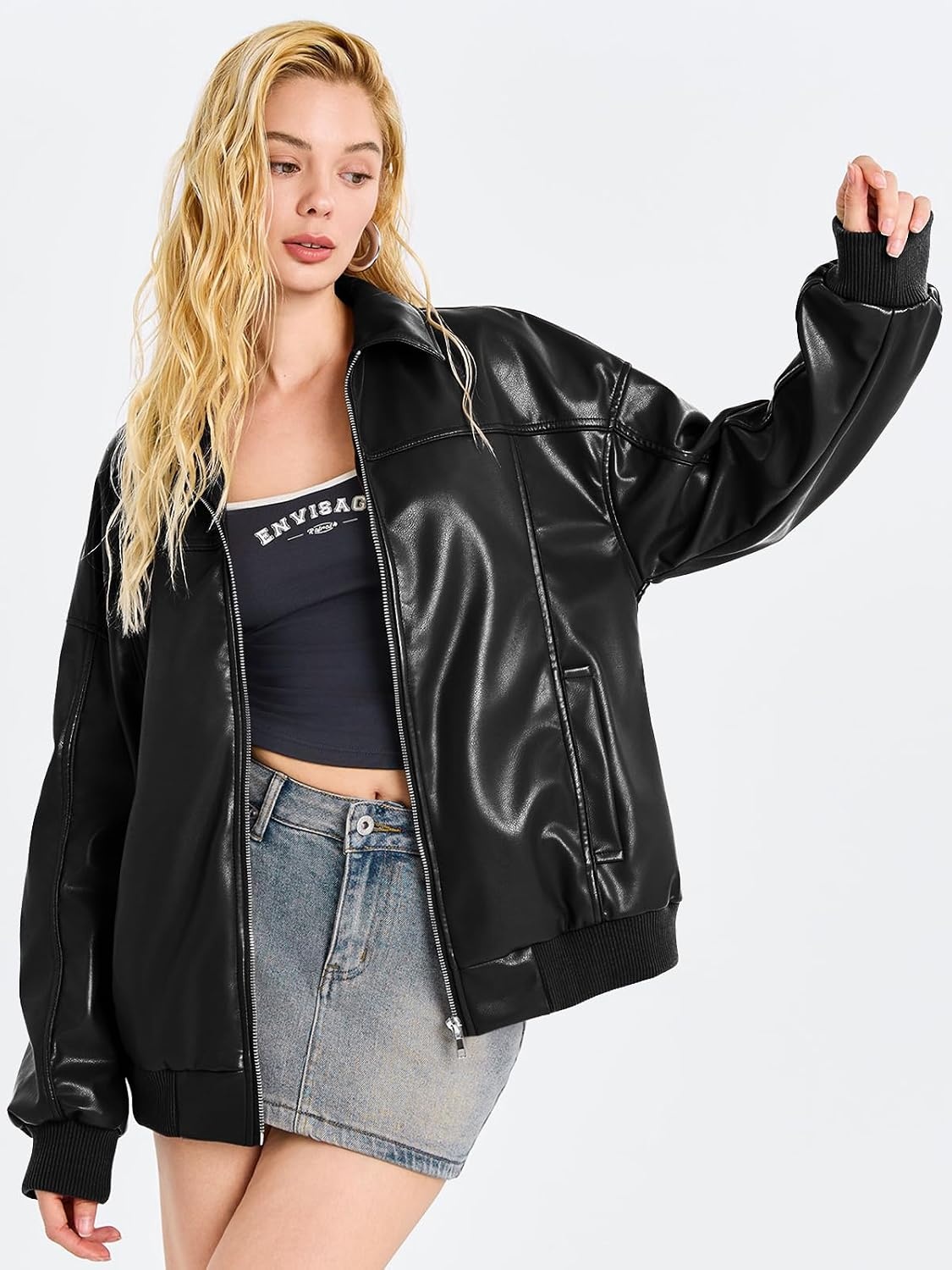 image:imageTankaneo Womens Faux Leather Jacket Oversized Bomber Zip Motor Biker Coat Going Out Outfit Fashion Trendy Jacket Casual Long Sleeve Loose Fit Fall WinterBlack