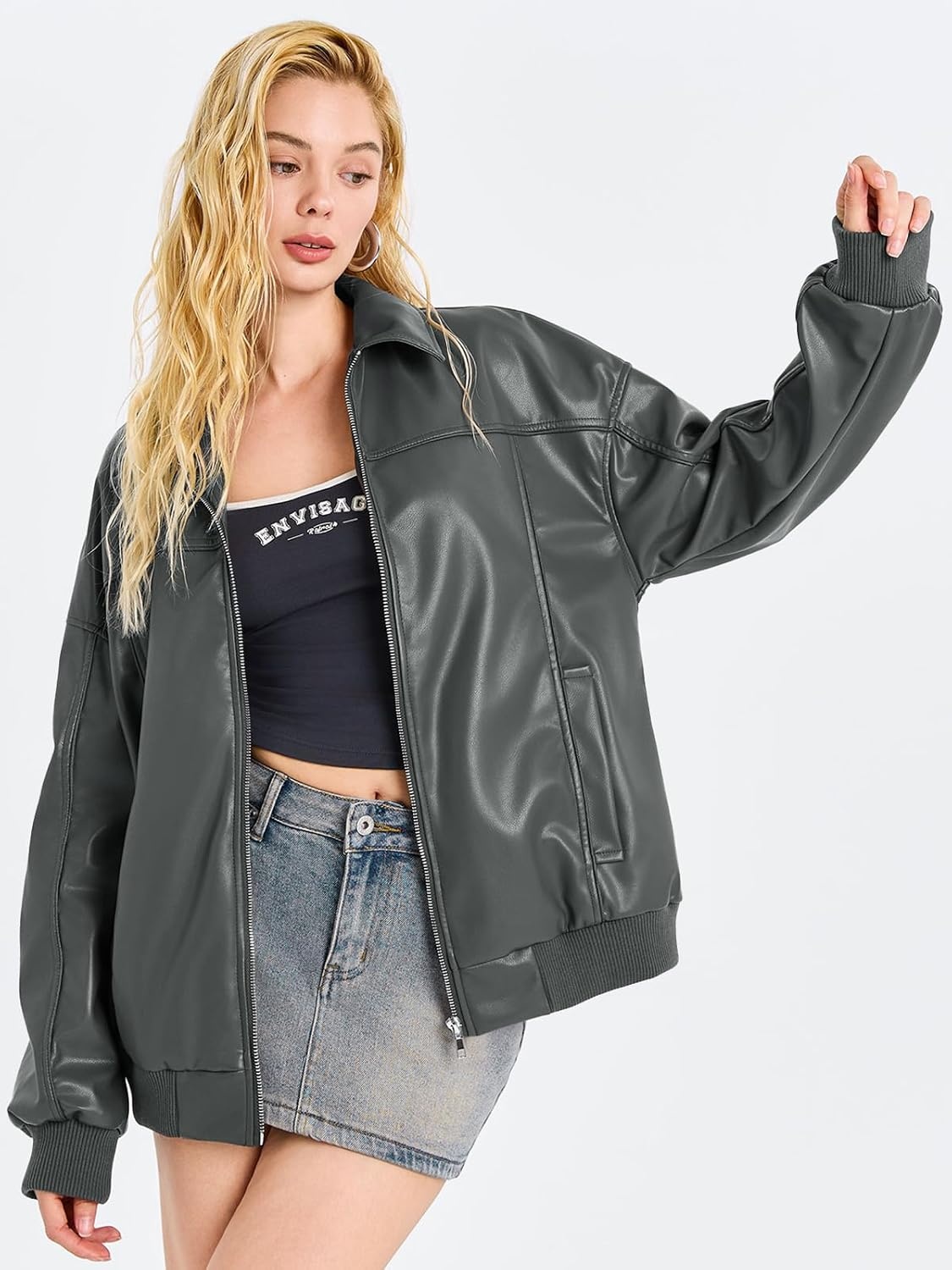 image:imageTankaneo Womens Faux Leather Jacket Oversized Bomber Zip Motor Biker Coat Going Out Outfit Fashion Trendy Jacket Casual Long Sleeve Loose Fit Fall WinterGrey Green