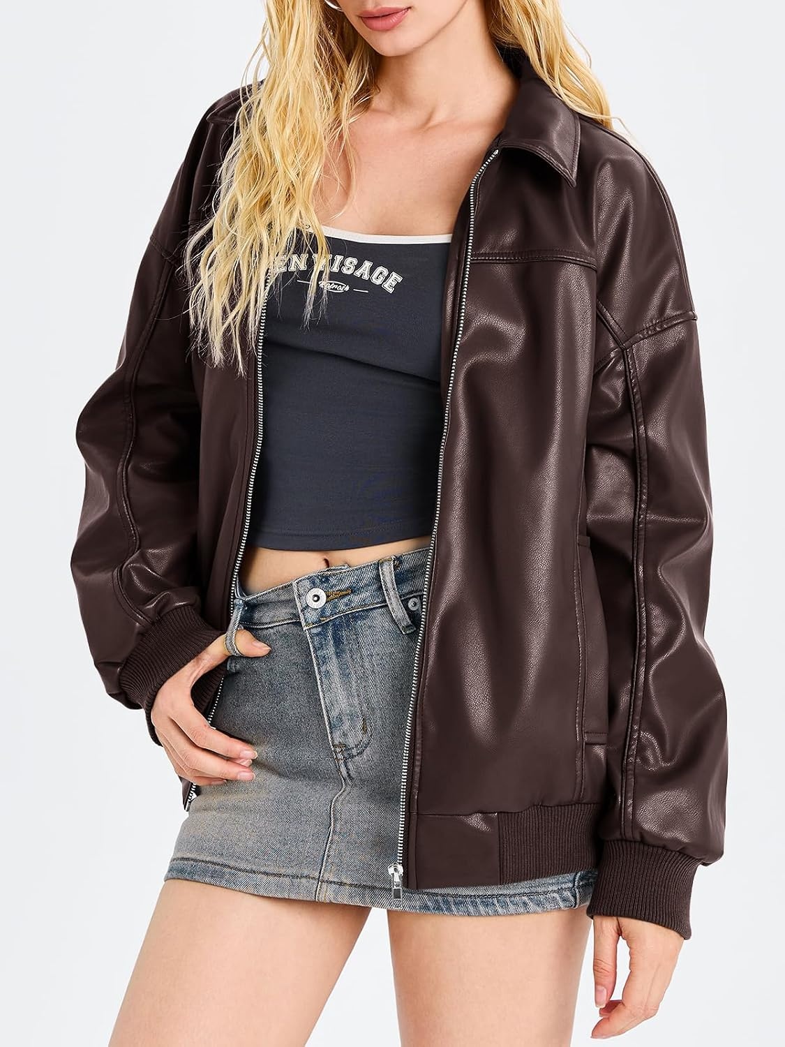 image:imageTankaneo Womens Faux Leather Jacket Oversized Bomber Zip Motor Biker Coat Going Out Outfit Fashion Trendy Jacket Casual Long Sleeve Loose Fit Fall WinterChocolate