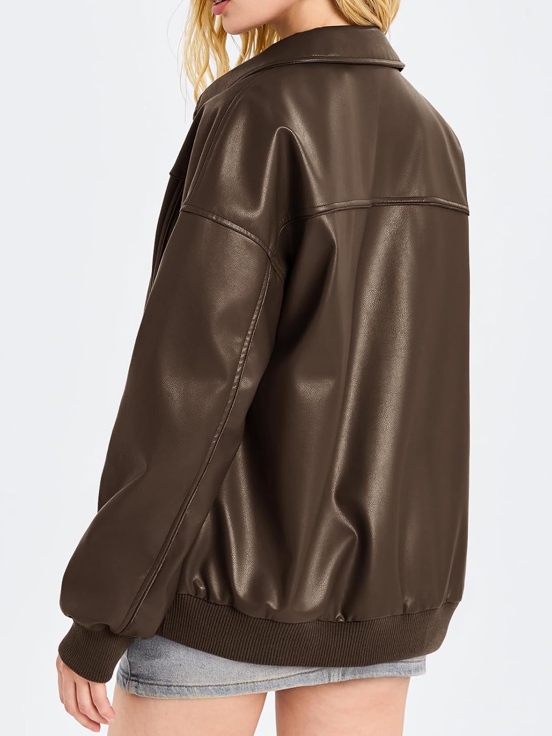 image:imageTankaneo Womens Faux Leather Jacket Oversized Bomber Zip Motor Biker Coat Going Out Outfit Fashion Trendy Jacket Casual Long Sleeve Loose Fit Fall WinterDark Brown