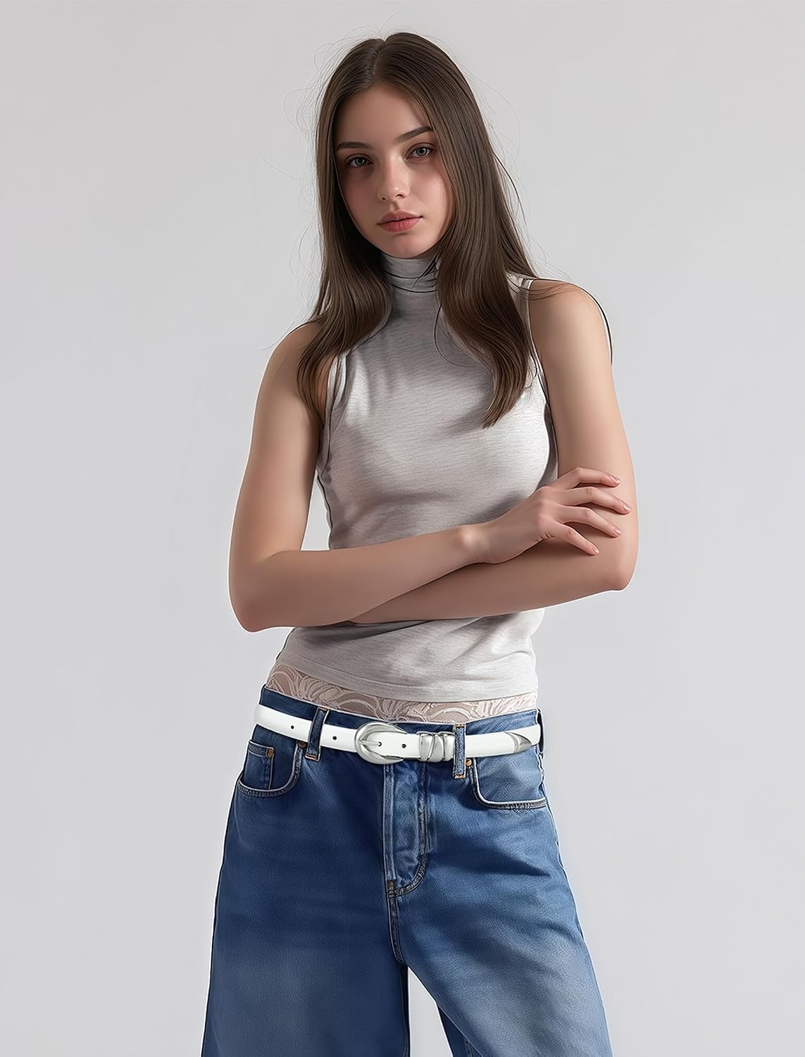 image:imageWomen Skinny Belt for Jeans GoldSilver Buckle Thin Waist Belts 091 in Wide Trendy Buckle Belt for Jeans Dress Pants Formal Work and Casual Daily OutfitsWhite