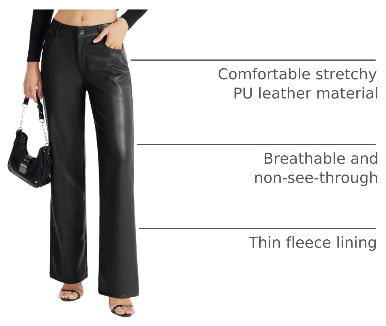 image:imageWomens Faux Leather Pants Button Straight Leg PU Jeans with Pockets BlackBrown 4 Pockets Thin Fleece Lining Soft Faux Leather Straight Leg Fit Party Date Night Concert amp Daily WearBlack