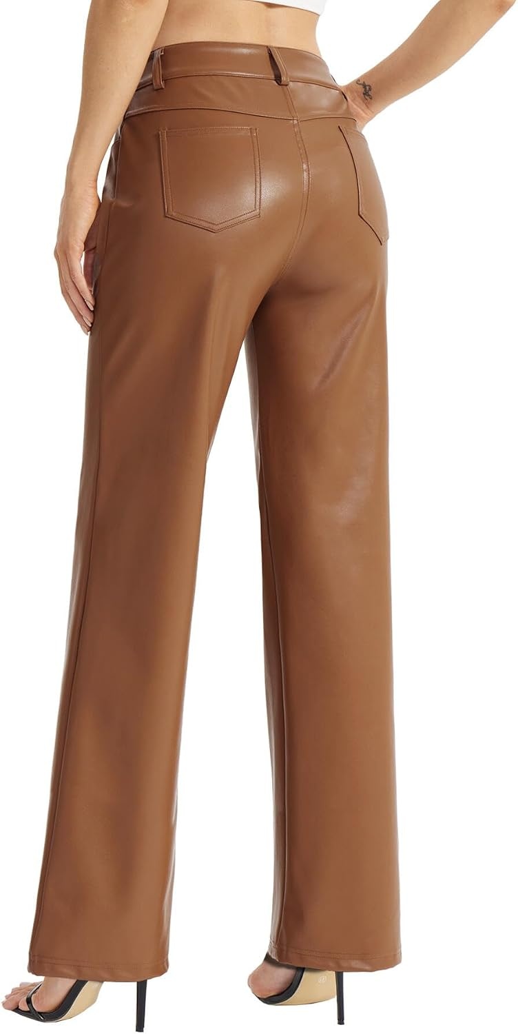 image:imageWomens Faux Leather Pants Button Straight Leg PU Jeans with Pockets BlackBrown 4 Pockets Thin Fleece Lining Soft Faux Leather Straight Leg Fit Party Date Night Concert amp Daily WearBrown