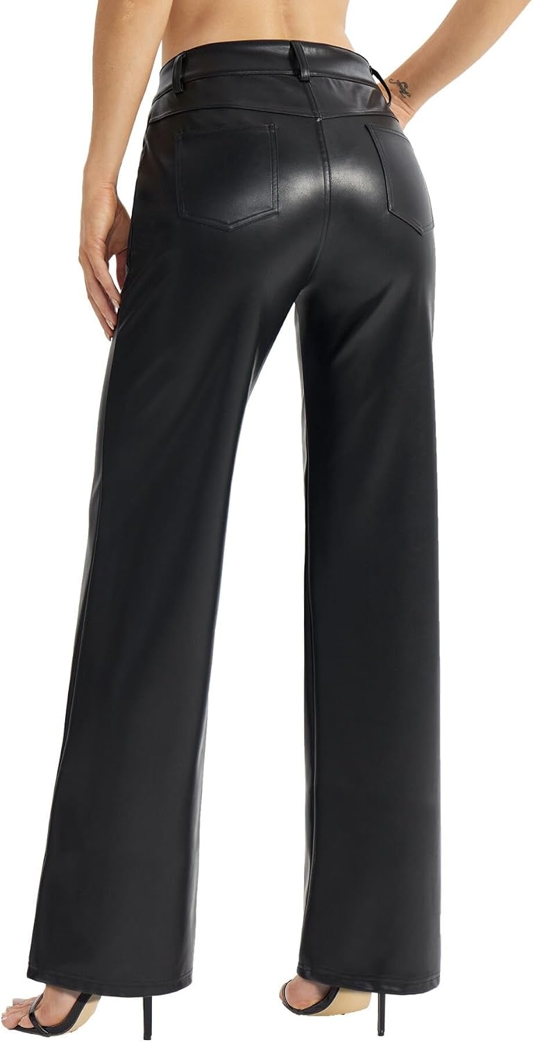 image:imageWomens Faux Leather Pants Button Straight Leg PU Jeans with Pockets BlackBrown 4 Pockets Thin Fleece Lining Soft Faux Leather Straight Leg Fit Party Date Night Concert amp Daily WearBlack