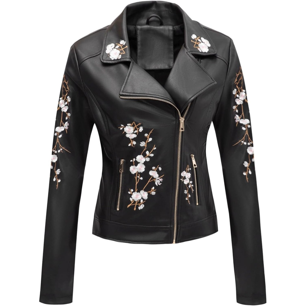 image:imageBellivera Womens Faux Leather Jacket Floral Lightweight Moto Coat Embroidered Casual Biker Slim Fit Outwear for Spring Fall with Pockets Notch Lapel and Asymmetric Front ZipperBlack