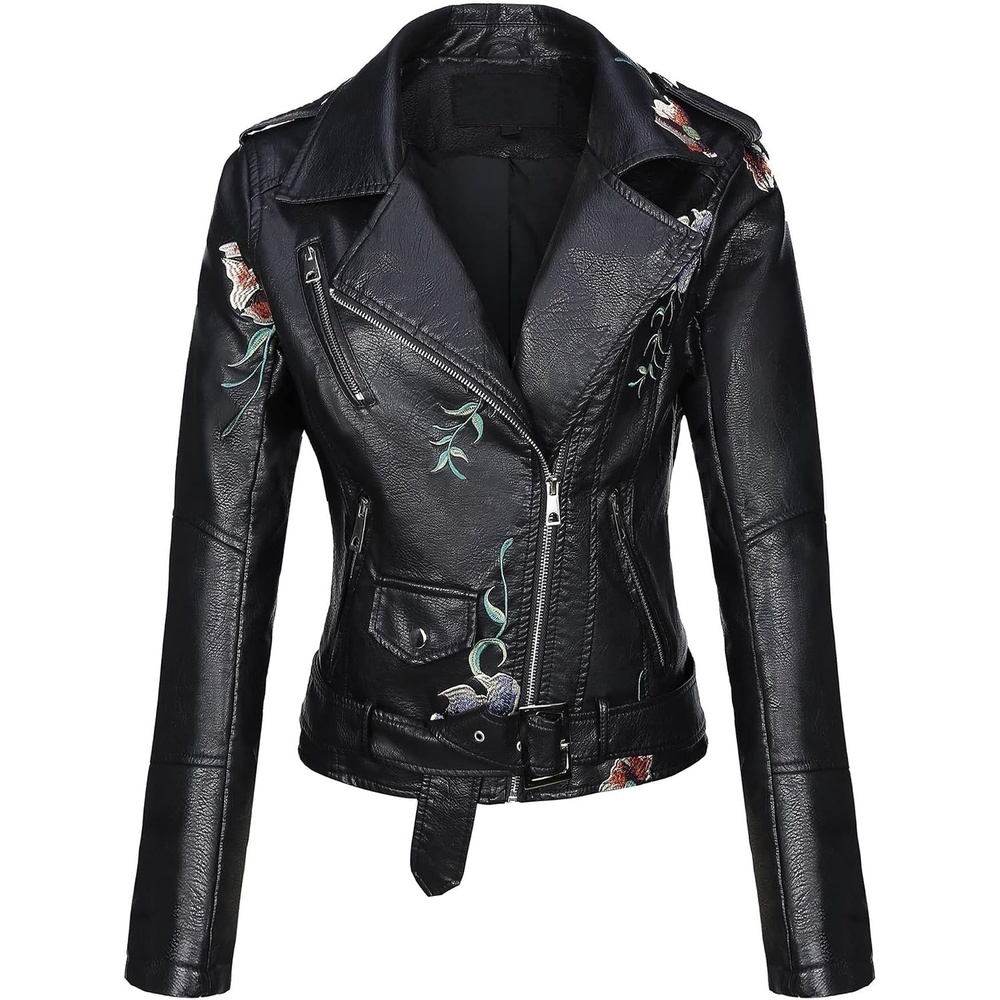 image:imageBellivera Womens Faux Leather Jacket Floral Lightweight Moto Coat Embroidered Casual Biker Slim Fit Outwear for Spring Fall with Pockets Notch Lapel and Asymmetric Front ZipperBlack Embroidered Jacket