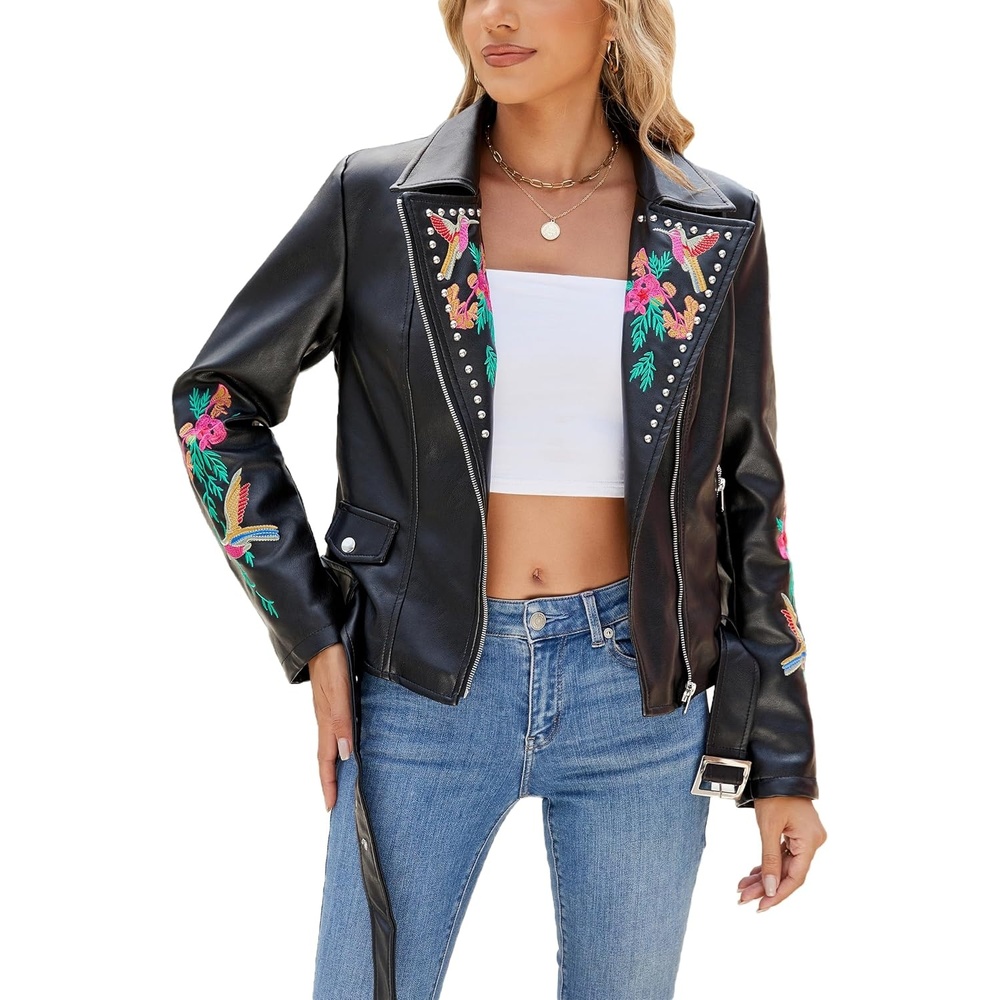 image:imageBellivera Womens Faux Leather Jacket Floral Lightweight Moto Coat Embroidered Casual Biker Slim Fit Outwear for Spring Fall with Pockets Notch Lapel and Asymmetric Front ZipperBlack Floral Belt Coat