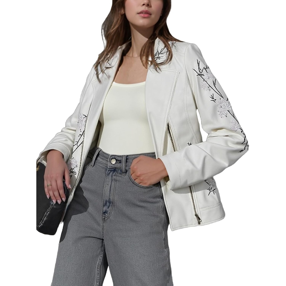image:imageBellivera Womens Faux Leather Jacket Floral Lightweight Moto Coat Embroidered Casual Biker Slim Fit Outwear for Spring Fall with Pockets Notch Lapel and Asymmetric Front ZipperWhite