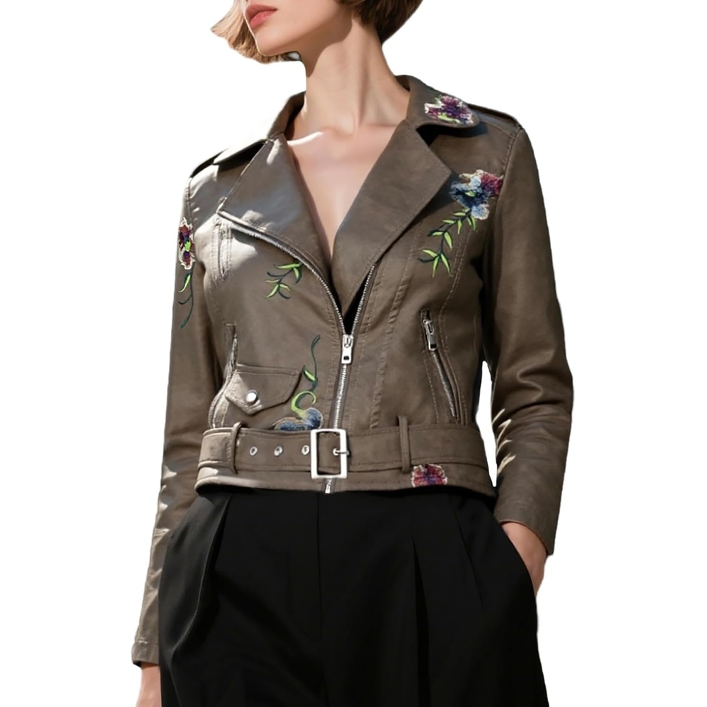 image:imageBellivera Womens Faux Leather Jacket Floral Lightweight Moto Coat Embroidered Casual Biker Slim Fit Outwear for Spring Fall with Pockets Notch Lapel and Asymmetric Front ZipperBrown Embroidered Jacket
