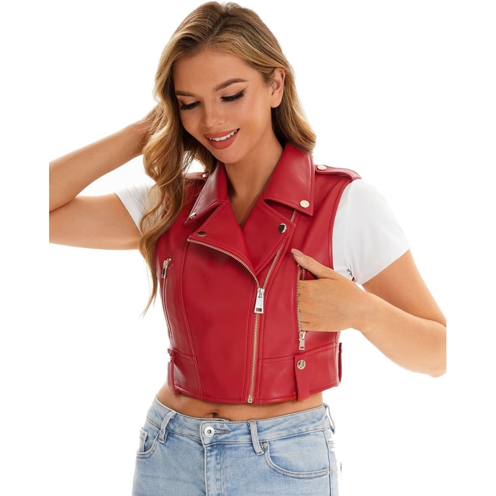 image:imageFaux Leather Vest For Women Zipper Cropped Sleeveless Biker Moto Slim PU Motorcycle Waistcoat068 Red