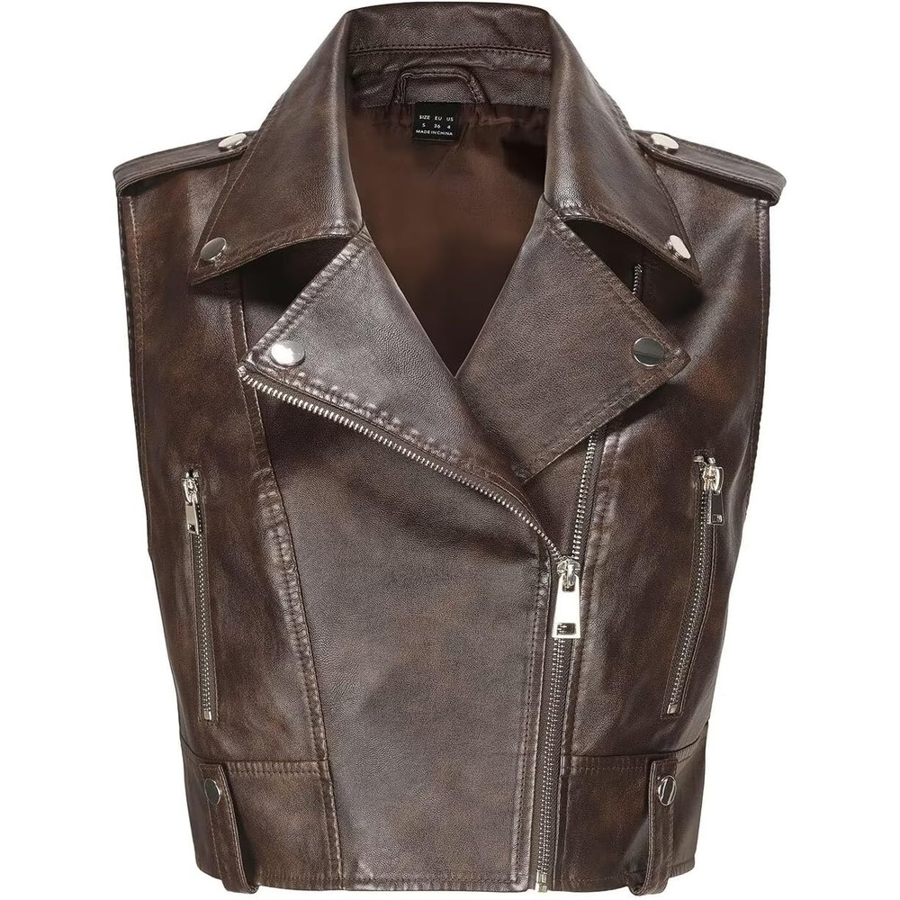 image:imageFaux Leather Vest For Women Zipper Cropped Sleeveless Biker Moto Slim PU Motorcycle Waistcoat116 Dark Brown