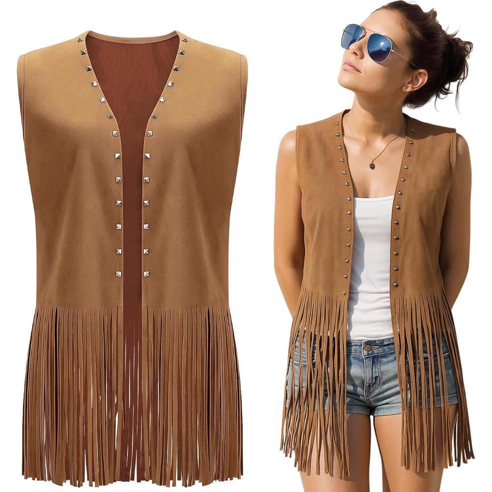 image:imageHercicy Fringe Vest for Women 70s Hippie Western Cowgirl Vest Faux Suede Rivets Sleeveless Tassel Leather Vests JacketBrown