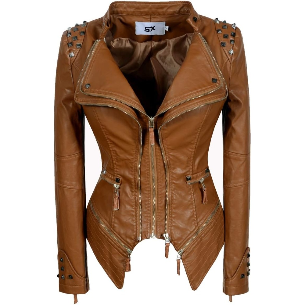 image:imageSX Womens Fashion Studded Perfectly Shaping Faux Leather Biker JacketApricot Yellow