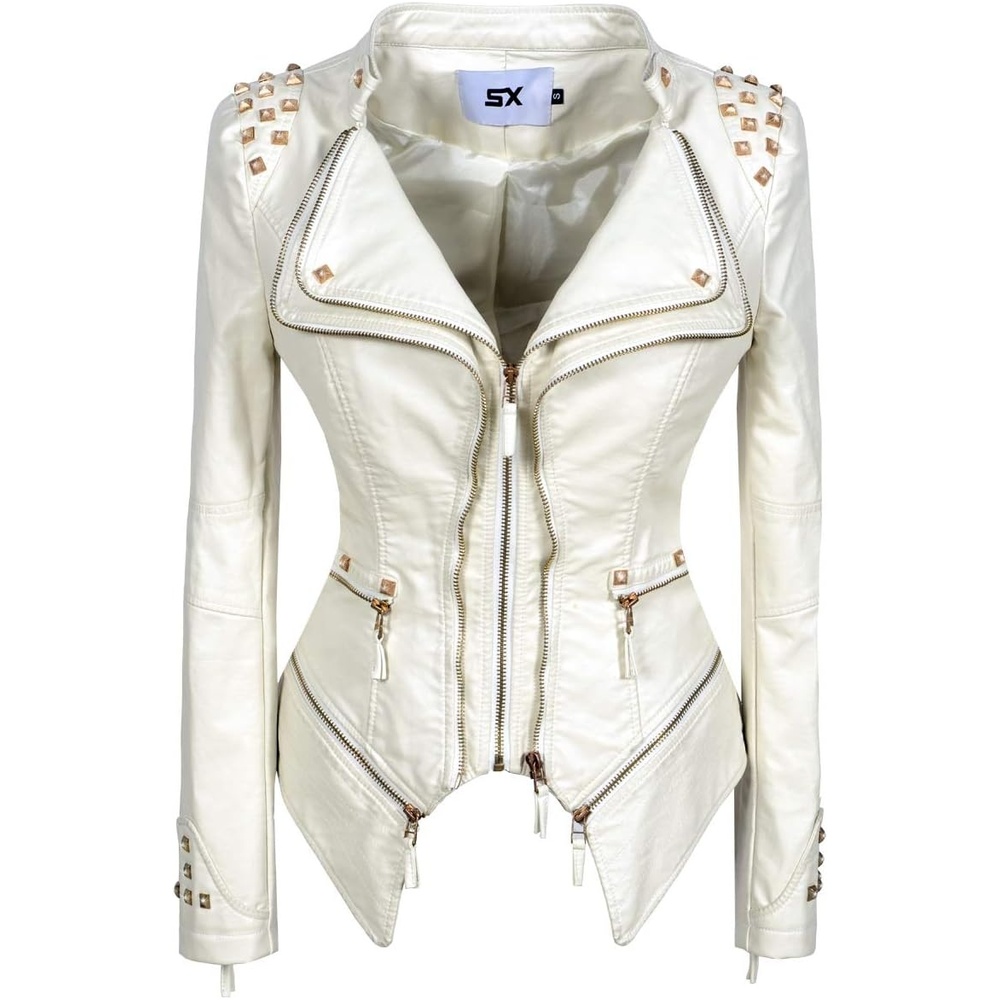 image:imageSX Womens Fashion Studded Perfectly Shaping Faux Leather Biker JacketOffwhite