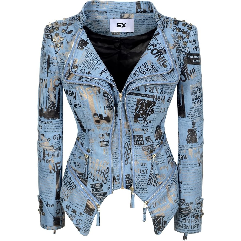 image:imageSX Womens Fashion Studded Perfectly Shaping Faux Leather Biker JacketSuede Blue