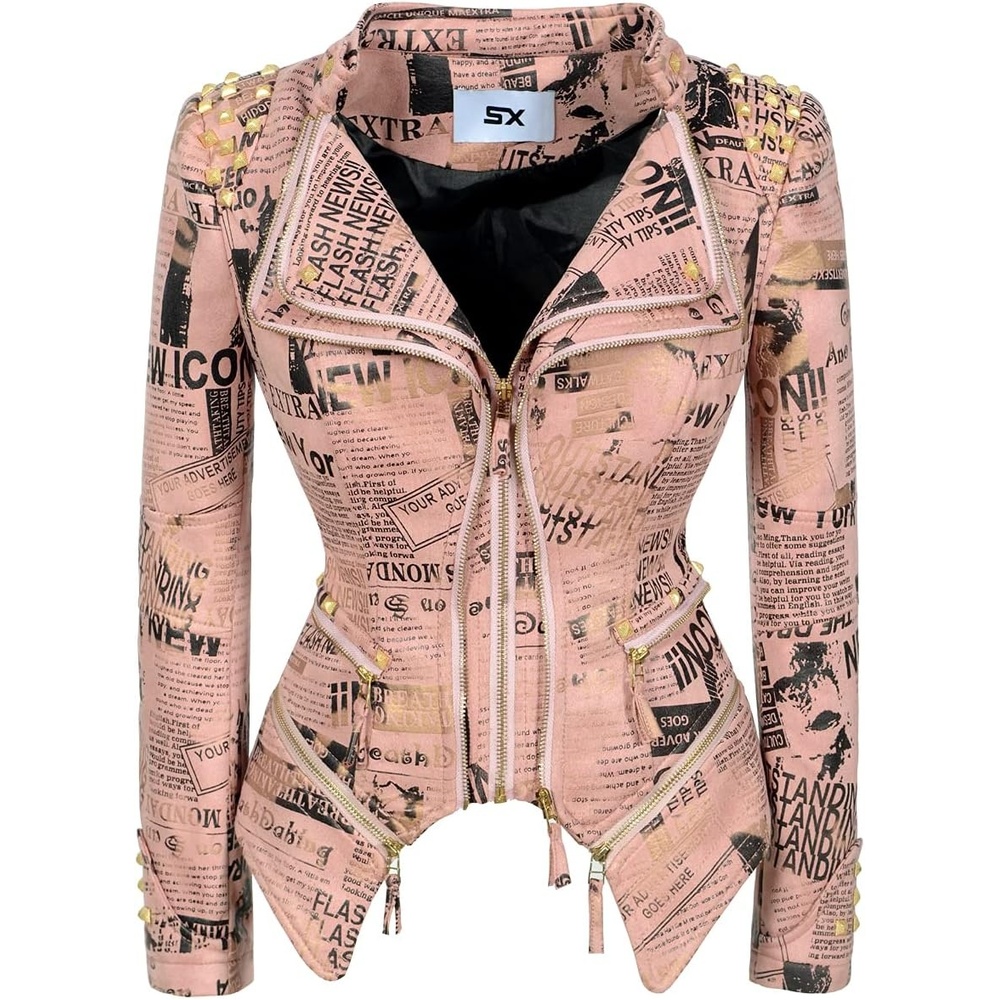 image:imageSX Womens Fashion Studded Perfectly Shaping Faux Leather Biker JacketSuede Pink