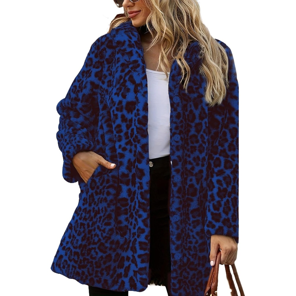 image:imageTOPONSKY Womens Winter Warm Lapel Faux Fur With Inner Lining amp Buttons CoatsCd Leopard Blue