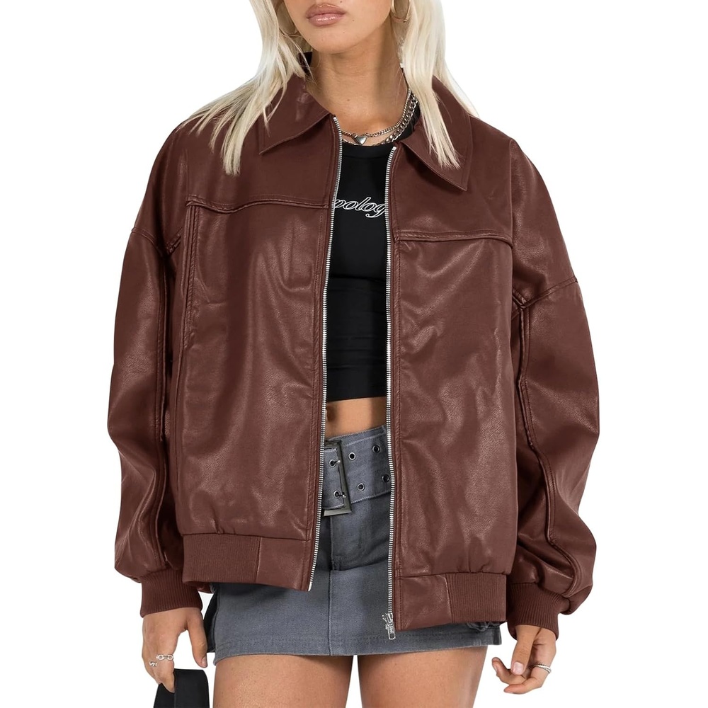 image:imageTankaneo Womens Faux Leather Jacket Oversized Bomber Zip Motor Biker Coat Going Out Outfit Fashion Trendy Jacket Casual Long Sleeve Loose Fit Fall WinterCoffee