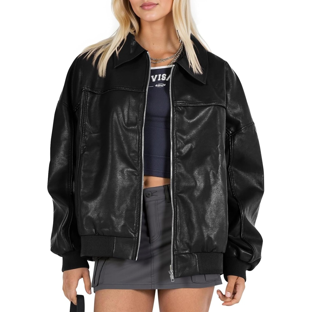 image:imageTankaneo Womens Faux Leather Jacket Oversized Bomber Zip Motor Biker Coat Going Out Outfit Fashion Trendy Jacket Casual Long Sleeve Loose Fit Fall WinterBlack
