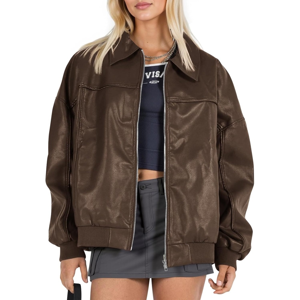 image:imageTankaneo Womens Faux Leather Jacket Oversized Bomber Zip Motor Biker Coat Going Out Outfit Fashion Trendy Jacket Casual Long Sleeve Loose Fit Fall WinterDark Brown