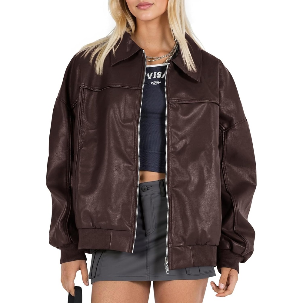 image:imageTankaneo Womens Faux Leather Jacket Oversized Bomber Zip Motor Biker Coat Going Out Outfit Fashion Trendy Jacket Casual Long Sleeve Loose Fit Fall WinterChocolate