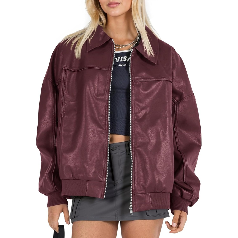 image:imageTankaneo Womens Faux Leather Jacket Oversized Bomber Zip Motor Biker Coat Going Out Outfit Fashion Trendy Jacket Casual Long Sleeve Loose Fit Fall WinterBurgundy