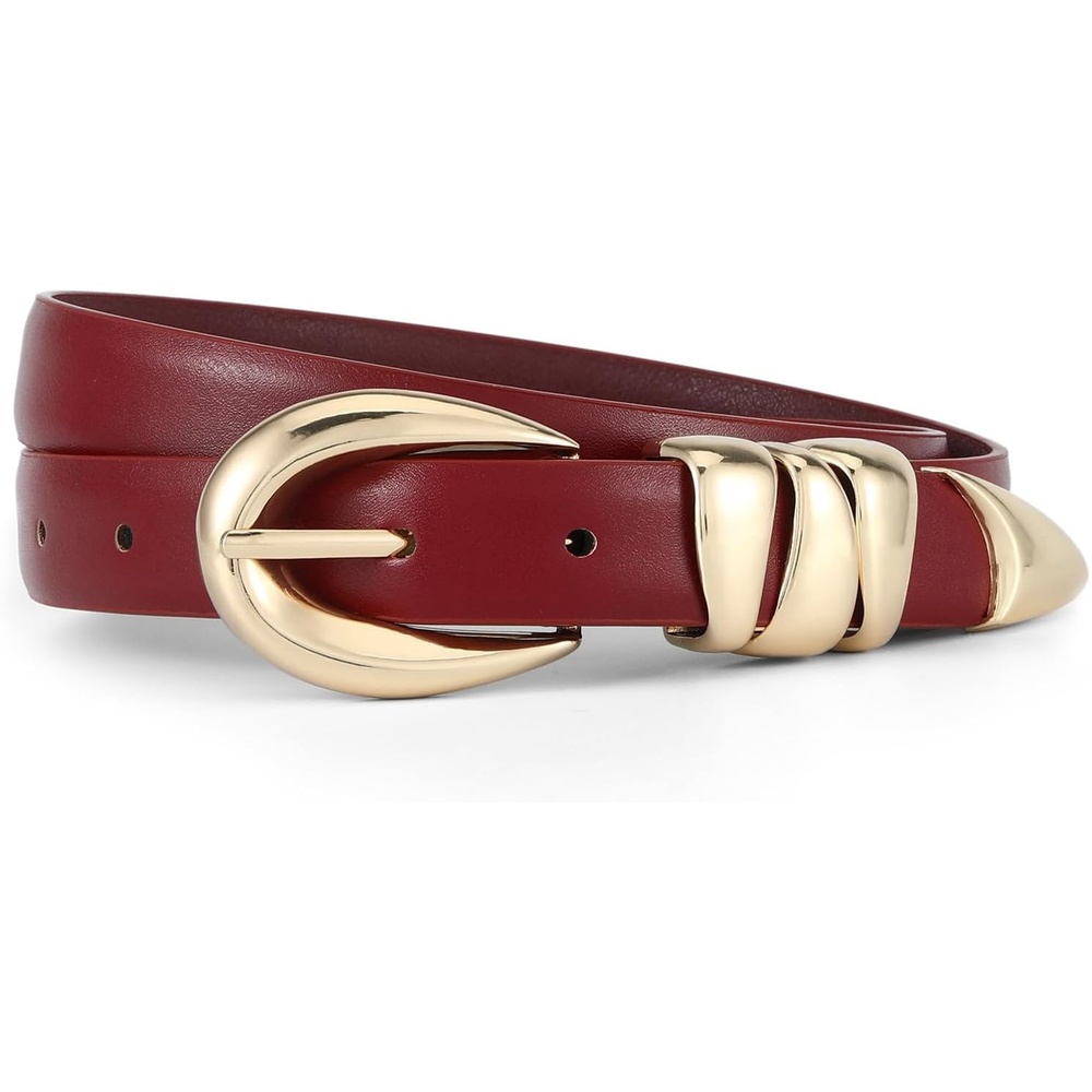 image:imageWomen Skinny Belt for Jeans GoldSilver Buckle Thin Waist Belts 091 in Wide Trendy Buckle Belt for Jeans Dress Pants Formal Work and Casual Daily OutfitsCherry Red