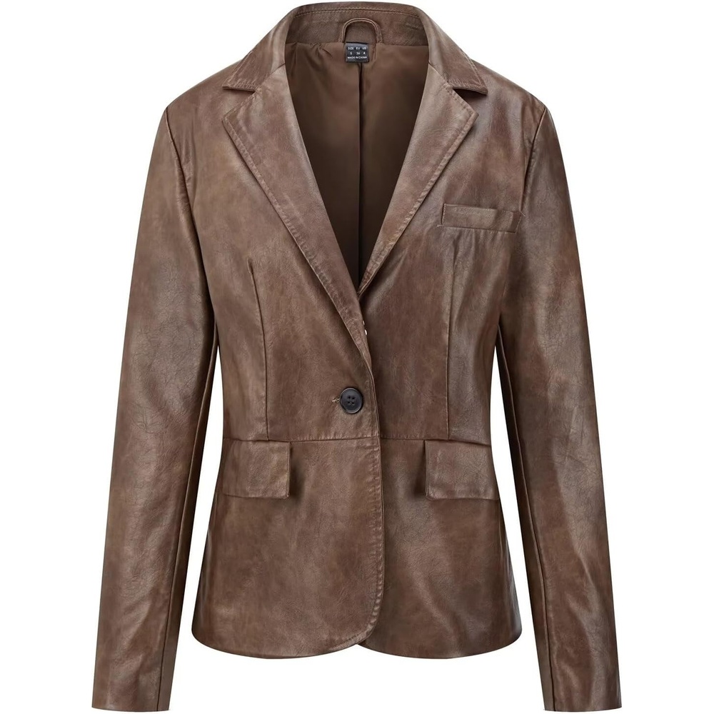 image:imageWomens Faux Leather Blazer Jackets Button Down Leather Shacket Coat with PocketsBrown 125