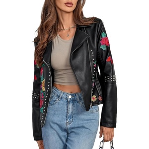 Bellivera Women’s Faux Leather Jacket Floral Lightweight Moto Coat | Embroidered Casual Biker Slim Fit Outwear for Spring Fall with Pockets, Notch Lapel and Asymmetric Front Zipper(Black Floral Jacket)