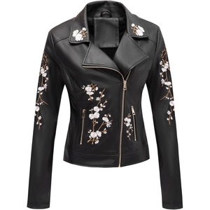 Bellivera Women’s Faux Leather Jacket Floral Lightweight Moto Coat | Embroidered Casual Biker Slim Fit Outwear for Spring Fall with Pockets, Notch Lapel and Asymmetric Front Zipper(Black)
