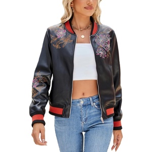 Bellivera Women’s Faux Leather Jacket Floral Lightweight Moto Coat | Embroidered Casual Biker Slim Fit Outwear for Spring Fall with Pockets, Notch Lapel and Asymmetric Front Zipper(Black Floral Motorcycle Coat)
