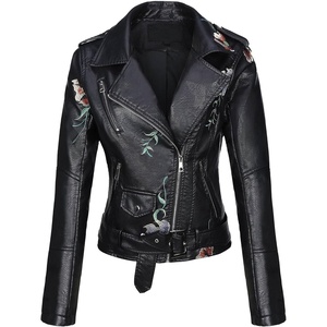 Bellivera Women’s Faux Leather Jacket Floral Lightweight Moto Coat | Embroidered Casual Biker Slim Fit Outwear for Spring Fall with Pockets, Notch Lapel and Asymmetric Front Zipper(Black Embroidered Jacket)