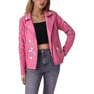 Bellivera Women’s Faux Leather Jacket Floral Lightweight Moto Coat | Embroidered Casual Biker Slim Fit Outwear for Spring Fall with Pockets, Notch Lapel and Asymmetric Front Zipper(Pink)