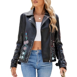 Bellivera Women’s Faux Leather Jacket Floral Lightweight Moto Coat | Embroidered Casual Biker Slim Fit Outwear for Spring Fall with Pockets, Notch Lapel and Asymmetric Front Zipper(Black Studded Jacket)