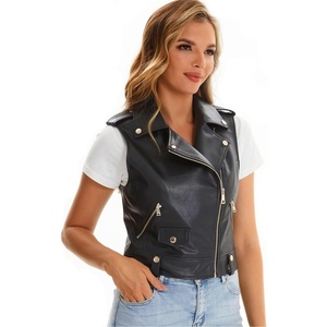 Faux Leather Vest For Women Zipper Cropped Sleeveless Biker Moto Slim PU Motorcycle Waistcoat(067 Black)