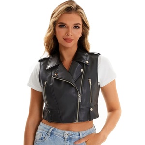 Faux Leather Vest For Women Zipper Cropped Sleeveless Biker Moto Slim PU Motorcycle Waistcoat(068 Black)