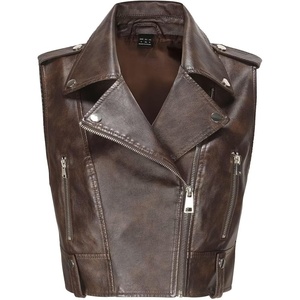 Faux Leather Vest For Women Zipper Cropped Sleeveless Biker Moto Slim PU Motorcycle Waistcoat(116 Dark Brown)