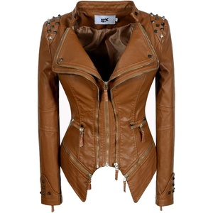 SX Women’s Fashion Studded Perfectly Shaping Faux Leather Biker Jacket(Apricot Yellow)
