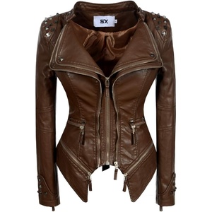 SX Women’s Fashion Studded Perfectly Shaping Faux Leather Biker Jacket(Coffee)