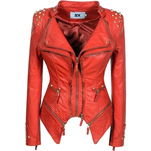 SX Women’s Fashion Studded Perfectly Shaping Faux Leather Biker Jacket(Red)