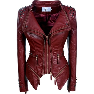 SX Women’s Fashion Studded Perfectly Shaping Faux Leather Biker Jacket(Wine Red)