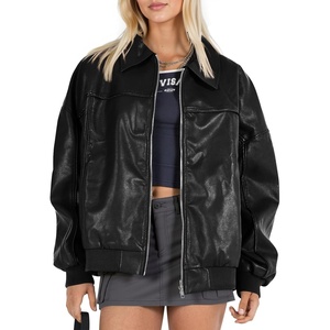 Tankaneo Womens Faux Leather Jacket Oversized Bomber Zip Motor Biker Coat | Going Out Outfit, Fashion Trendy Jacket, Casual, Long Sleeve, Loose Fit, Fall Winter(Black)