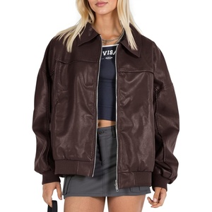 Tankaneo Womens Faux Leather Jacket Oversized Bomber Zip Motor Biker Coat | Going Out Outfit, Fashion Trendy Jacket, Casual, Long Sleeve, Loose Fit, Fall Winter(Chocolate)