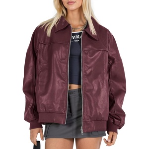 Tankaneo Womens Faux Leather Jacket Oversized Bomber Zip Motor Biker Coat | Going Out Outfit, Fashion Trendy Jacket, Casual, Long Sleeve, Loose Fit, Fall Winter(Burgundy)