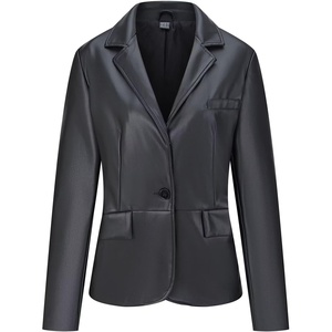 Women’s Faux Leather Blazer Jackets Button Down Leather Shacket Coat with Pockets(Black 125)