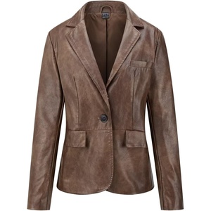 Women’s Faux Leather Blazer Jackets Button Down Leather Shacket Coat with Pockets(Brown 125)