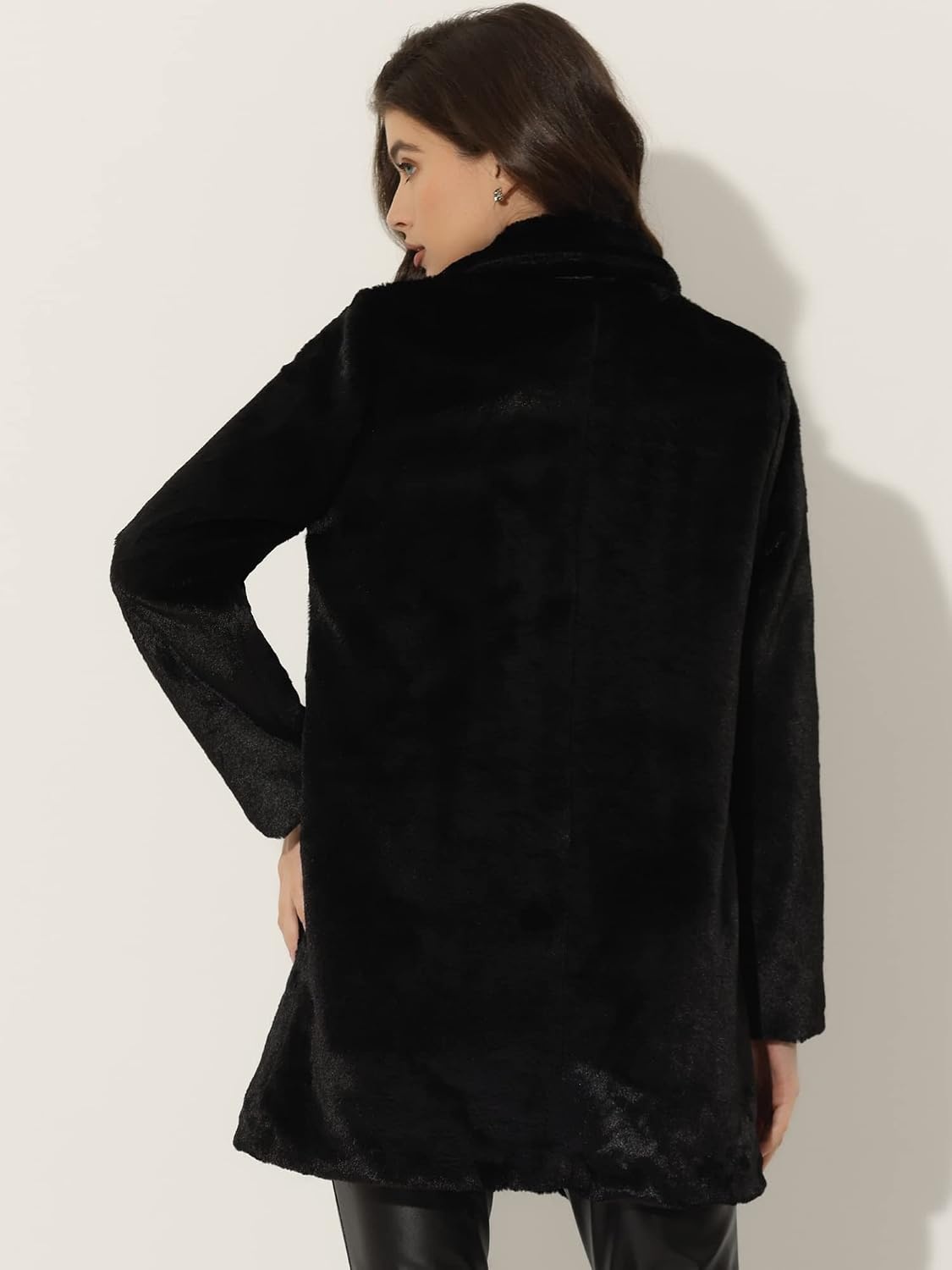 image:imageAllegra K Womens Faux Fur Coat Lapel Warm Winter Casual Long Fluffy Jacket Classic Open Front Design Loose Fit Spring Fall Formal Midthigh Coffee Shop Work OfficeBlack